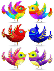 An illustration in the style of a stained glass window with bright cute birds, animals isolated on a white background