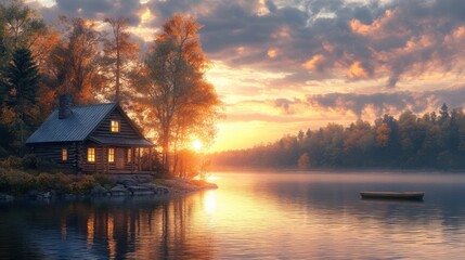 Fototapeta premium A tranquil lakeside cabin at sunset, surrounded by autumn foliage, reflecting beautifully on the water's surface.