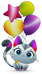 Stained glass illustration with cute cartoon kitten, animal isolated on a white background