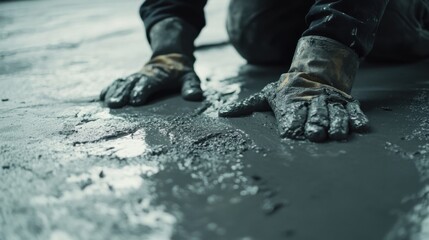Concrete worker smoothing the surface of a newly poured foundation. Featuring foundation work