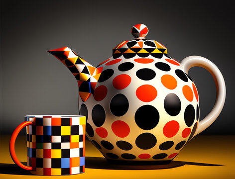 A striking teapot and mug set adorned with vibrant polka dots adds a playful touch to any kitchen decor. Ideal for collectors and enthusiasts of unique tableware.