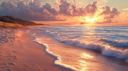 A serene beach scene at sunset, featuring gentle waves lapping the shore and a colorful sky filled with clouds.