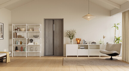 Bright, inviting living room with high ceilings, soft lighting, and comfy furniture, 3d rendering