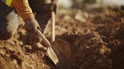 Construction laborer digging a trench for foundation work. Featuring excavation precision