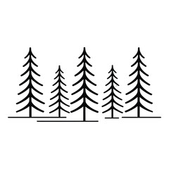 Fototapeta premium Pine Forest Line Art, Silhouette, Vector, Icon, Logo, White Background.
