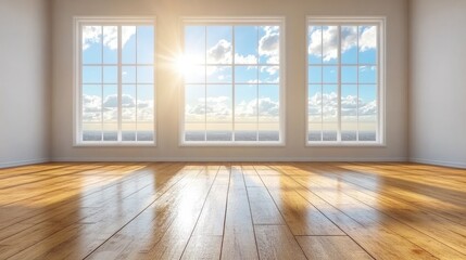 Fototapeta premium Bright, spacious room with large windows showcasing a beautiful view