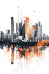 Naklejka premium Cityscape Reflection: An Orange and Grey Urban Watercolor