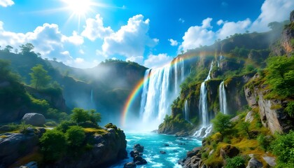 Fototapeta premium Majestic Waterfall Cascade with Vibrant Rainbow, Lush Greenery, Serene Landscape