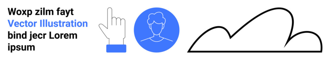 Hand pointing upward, blue circular user profile, and black outlined cloud with abstract text elements. Ideal for technology, communication, user interface, identity, cloud storage, modern design