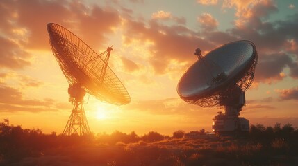 Two satellite dishes silhouetted against a vibrant sunset, capturing a serene moment in a technological landscape.