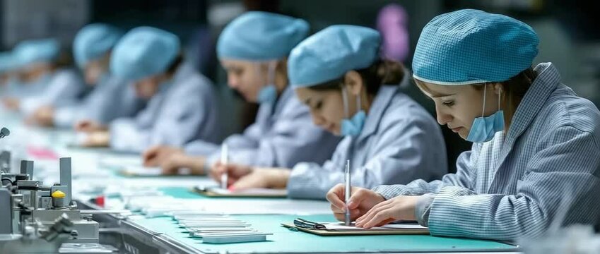 Employees utilize clipboards to check the quality of medical plastic molds made for surgical kits on an automated machine production line.