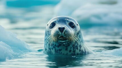 Fototapeta premium Mesmerizing portrait of a spotted seal emerging from icy arctic waters, curious gaze