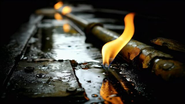 Fiery pipeline ablaze, dripping amidst dark metal. A gritty scene of energy and industrial elements in a confined space
