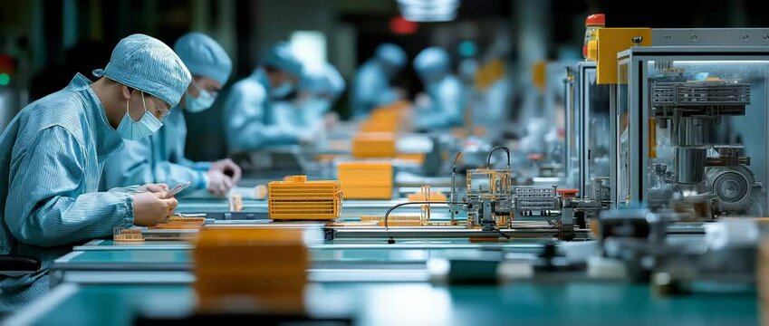 Employees utilize clipboards to check the quality of medical plastic molds made for surgical kits on an automated machine production line.