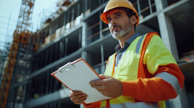 Construction safety officer reviewing blueprints at a job site. Featuring safety inspection and site management