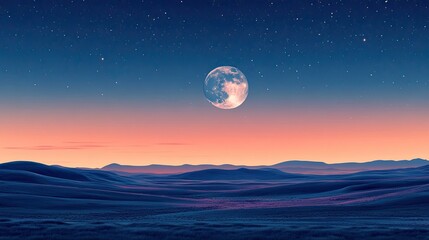 Free serene full moon set against a gradient twilight sky, blending blue and orange hues. Stock Photo