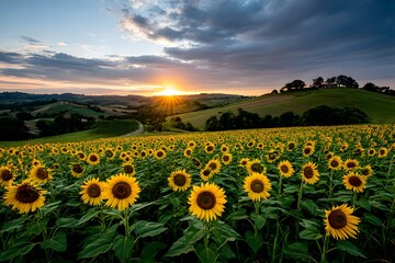 Fototapeta premium Sunflowers facing sunrise over rural hills