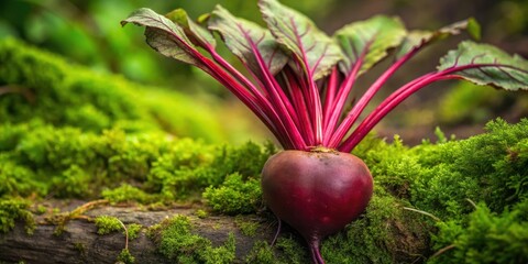 A vibrant red beet rests on a bed of lush green moss, its crimson stems radiating outwards, a symbol of natural growth and healthy harvest
