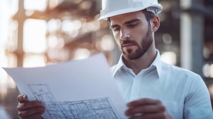 Construction supervisor checking blueprint specifications at a job site. Featuring oversight and planning