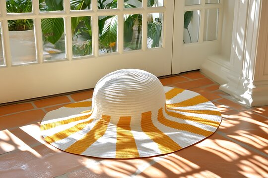 Stylish sun hat casting shadows near a sunlit door with potted plants