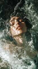 Obraz premium Woman's face underwater in a pool, with sunlight shining down and sparkling water.