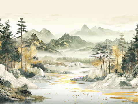 Serene Autumn Mountains and River Landscape: Nature's Tranquility in Watercolor Illustration