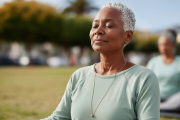  a senior woman in a mint green top and grey leggings meditating on a mat in a sunny park. The background features green grass, trees in warm tones,