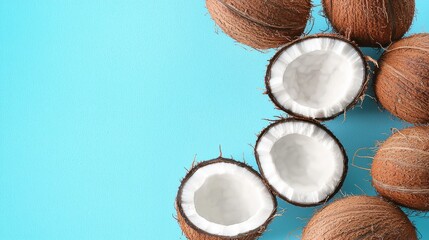 Coconut harvesting process tropical region food photography bright blue background close-up natural ingredients