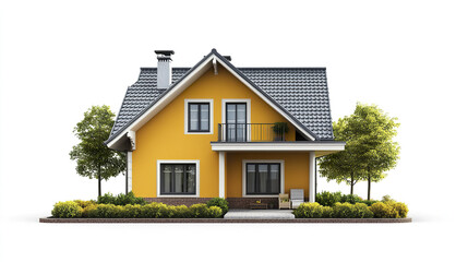 charming yellow house with gray roof and lush greenery