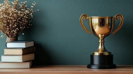 Gold trophy on wooden table with books and flowers