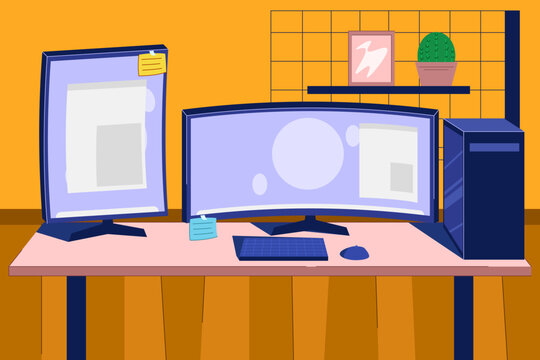 Dual-screen setup viewed from behind an orange chair, showing a digital workspace optimized for multitasking and content management.