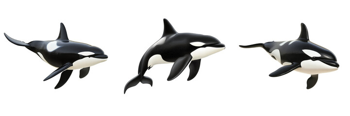 Obraz premium Set of A powerful orca killer whale leaping out of the water, captured in mid-air on transparent png background. Ai generated