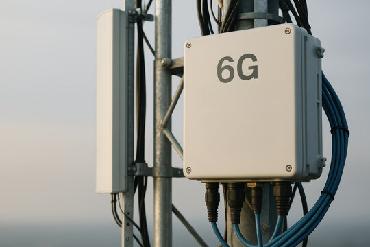 Modern 6g communication equipment on tower against foggy sky