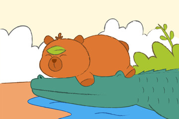 An adorable chubby bear naps peacefully on a calm crocodile by a riverbank, surrounded by clouds and nature.