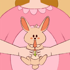 A cute bunny doll being hugged and happily munching on a carrot while sitting on a girl's lap in a pink dress.