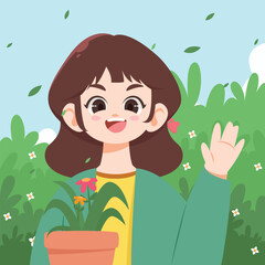 A happy girl waving while holding a flower pot, standing in a green garden filled with blooming plants.