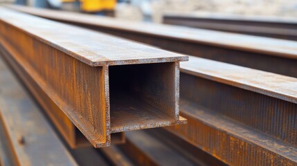 Construction worker carrying a bundle of rebar to the building site. Featuring heavy lifting