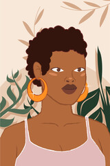 Strong woman with short natural curls and large orange hoop earrings, set against a botanical abstract background.