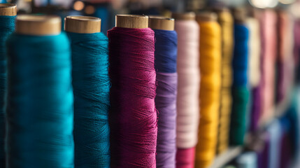 Vibrant Spools: A captivating display of colorful thread spools in a rainbow spectrum, perfect for textiles and craft projects. The photograph showcases the spectrum of textures and hues.