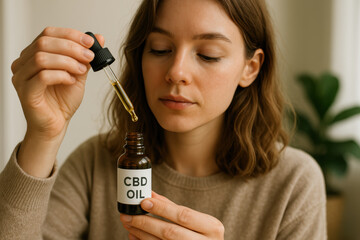 Woman using cbd oil dropper for wellness routine at home