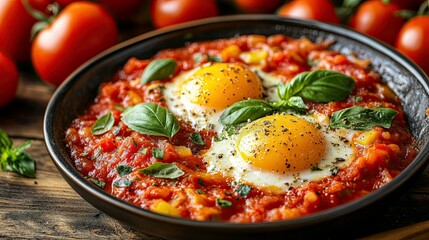 Free Eggs cooked in a savory tomato sauce with basil, served alongside spaghetti and fresh tomatoes. Stock Photo
