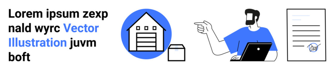 Warehouse icon, package, person with laptop pointing, and signed document illustrating online logistics, delivery services, e-commerce, remote management, business agreements, and warehouse