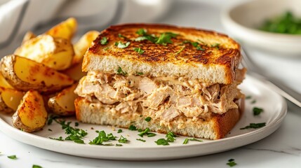 Delicious pulled chicken sandwich with golden toasted bread and potato wedges on marble surface