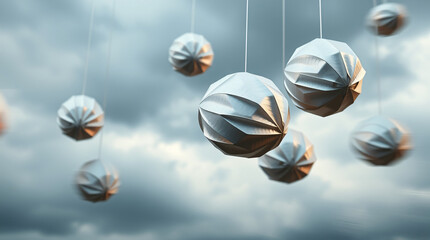 Geometric rings with origami folds hover quietly under futuristic lighting in soft pink-blue gradients.