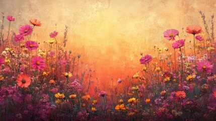 Vibrant Pink Orange Wildflowers Field at Sunset
