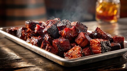 Delicious smoky pork burnt ends on metal tray for gourmet BBQ meal experience and catering
