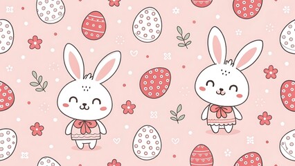 Cute Easter Bunny Seamless Pattern with Eggs and Flowers on Pink Background


