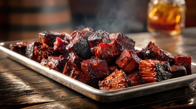 Delicious smoky pork burnt ends on metal tray for gourmet BBQ meal experience and catering