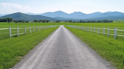 Countryside gravel road through a grassy meadow, leading to distant mountains.  A bright, serene landscape