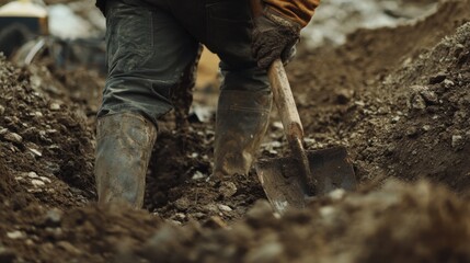 Construction worker digging foundation for a new building site. Featuring excavation work